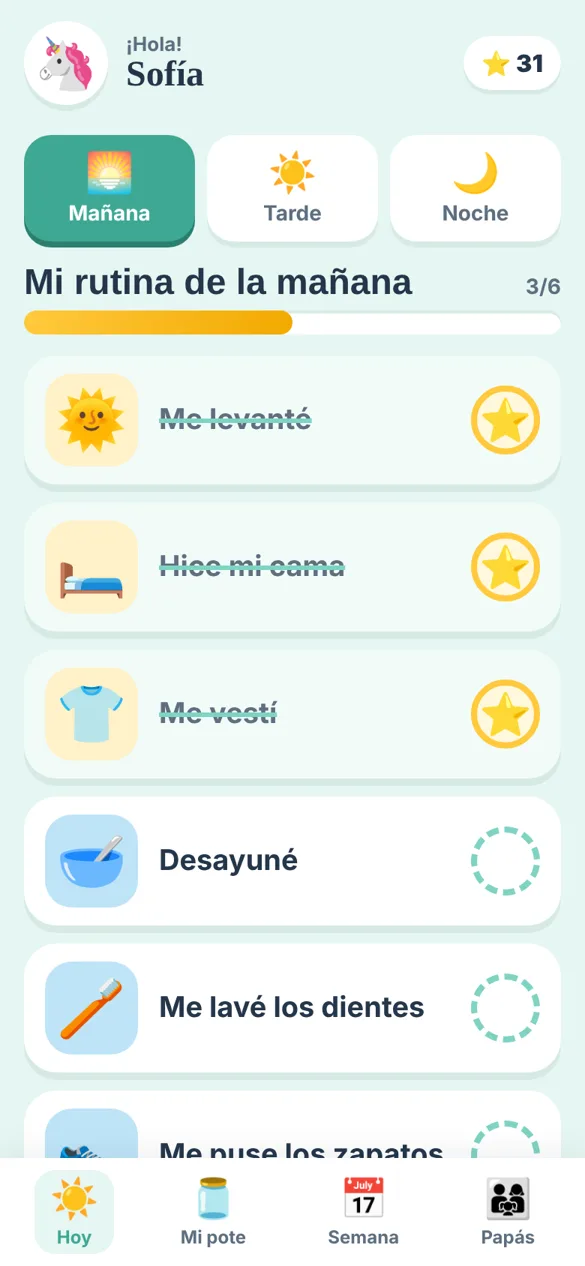 Pantalla de la rutina de la mañana en la app