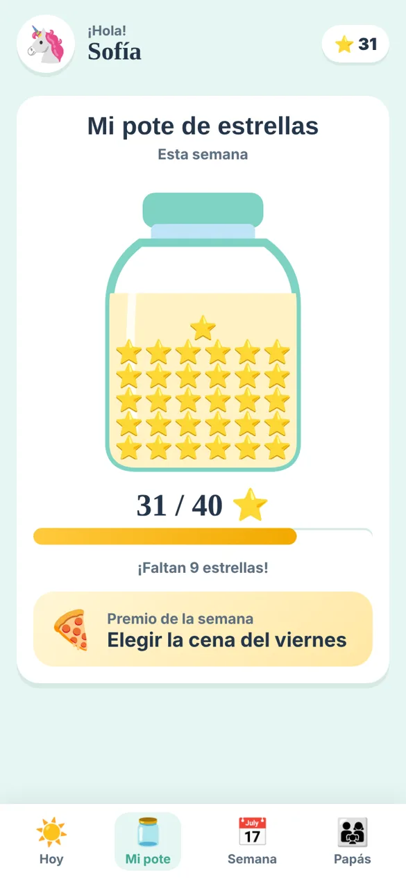 Frasco de estrellas con premio de la semana